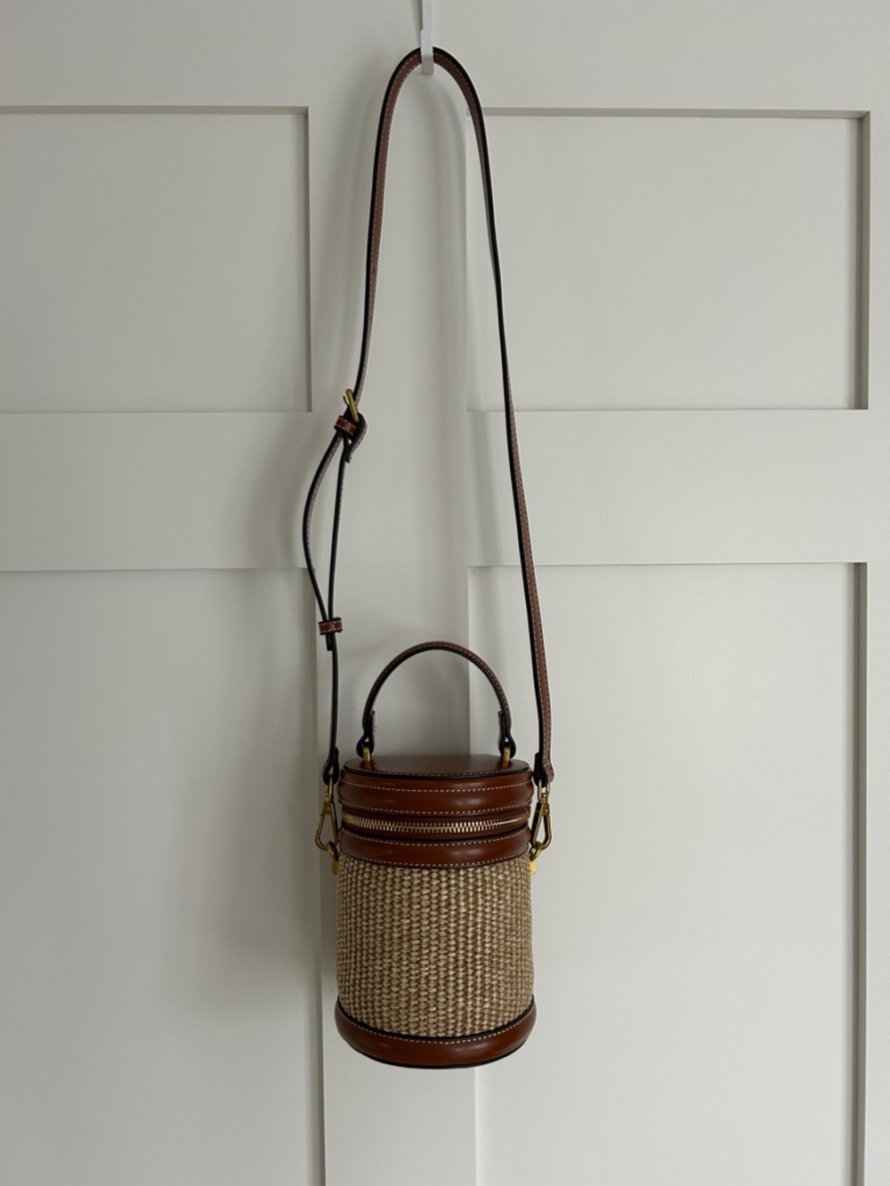 House of Harlow Brown Straw & Leather Cylinder Crossbody Bag